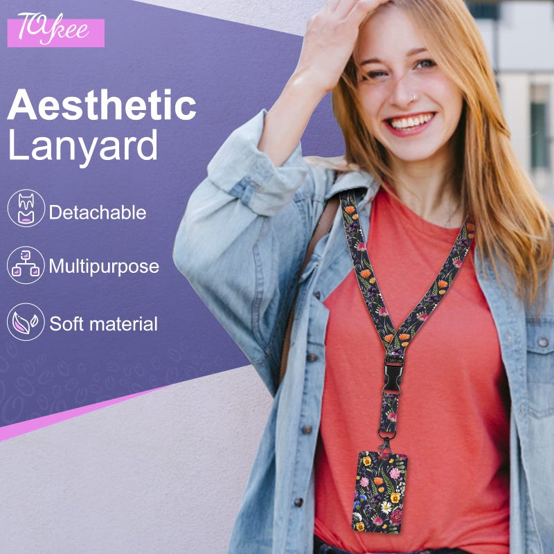 حامل شارة معرف Toykee مع حبل ومشبك بكرة شارة قابلة للسحب وباقة زهور قديمة وبطاقة اسم الأزهار وحبل عمودي وواقي لبطاقة الهوية للنساء والممرضات والأطباء والمدرسين والطالبات باللون الأرجواني - Image 2